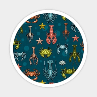 Crabs, Lobsters and Shrimps on Blue Pattern Magnet